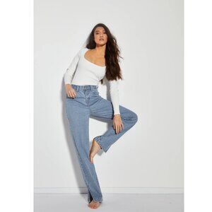 Glamorous Denim Blue High Waisted Straight Leg Jeans with Side Split